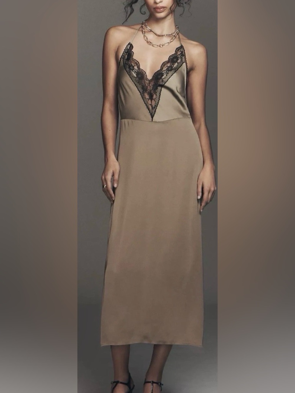 By Anthropologie Lace Halter Midi Slip Dress